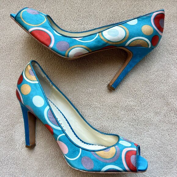 Martinez Valero Turquoise Teal Fabric Peep Toe Pump Multi-Color Dots Women’s 8.5 - Picture 1 of 16